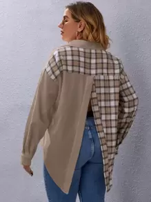 SHEIN LUNE Hơn Áo sơ mi Kẻ sọc Nối Tách rời - Màu Khaki - Xem 2