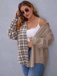 SHEIN LUNE Hơn Áo sơ mi Kẻ sọc Nối Tách rời - Màu Khaki - Xem 3