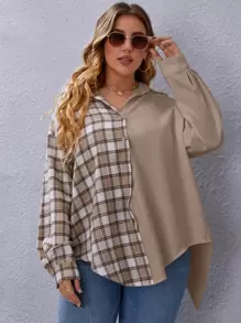 SHEIN LUNE Hơn Áo sơ mi Kẻ sọc Nối Tách rời - Màu Khaki - Xem 4