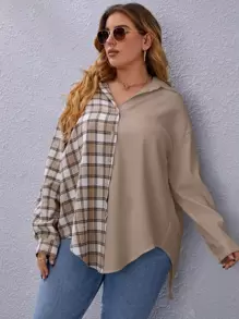 SHEIN LUNE Hơn Áo sơ mi Kẻ sọc Nối Tách rời - Màu Khaki - Xem 5