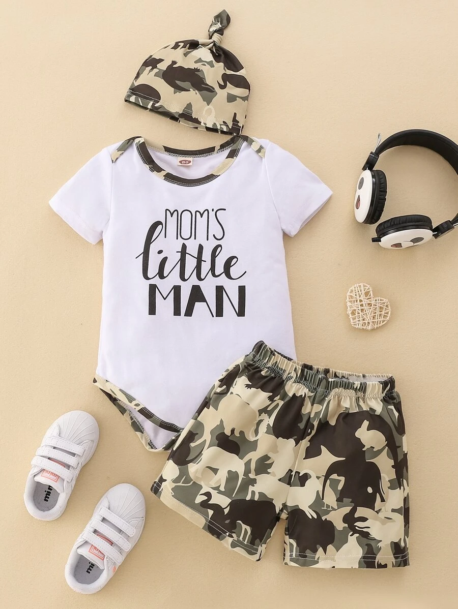 男嬰字母圖案撞色滾邊連體衣和短褲附帽子