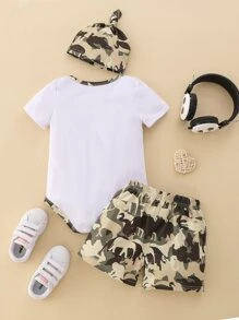 男嬰字母圖案撞色滾邊連體衣和短褲附帽子