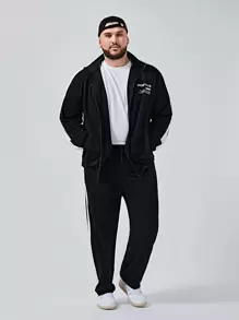 Manfinity 男士標語圖案拉鏈開襟側條紋圖案運動衫和運動褲套裝 - 黑色 - 查看 1