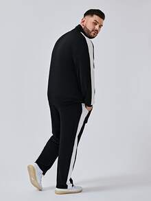 Manfinity 男士標語圖案拉鏈開襟側條紋圖案運動衫和運動褲套裝 - 黑色 - 查看 2