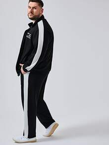 Manfinity 男士標語圖案拉鏈開襟側條紋圖案運動衫和運動褲套裝 - 黑色 - 查看 4