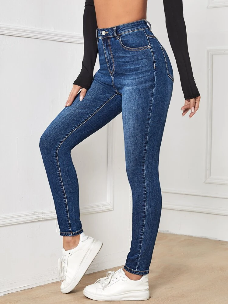 SHEIN Essnce Căng trung bình Quần jean ôm - Rửa trung bình - Xem 1