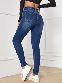 SHEIN Essnce 中度彈力緊身牛仔褲 - 中等水洗藍 - 查看 2