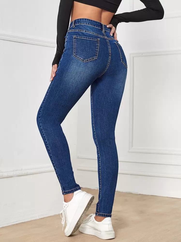 SHEIN Essnce Căng trung bình Quần jean ôm - Rửa trung bình - Xem 2