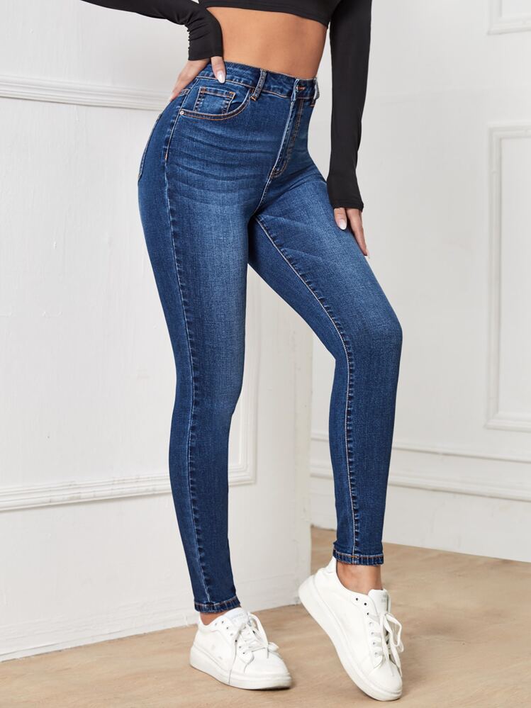 SHEIN Essnce Căng trung bình Quần jean ôm - Rửa trung bình - Xem 5