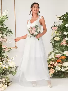 Sequin Decor Appliques Mesh Wedding Dress - White - View 1