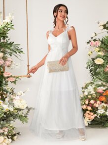 Sequin Decor Appliques Mesh Wedding Dress - White - View 3