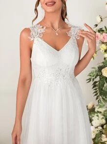 Sequin Decor Appliques Mesh Wedding Dress - White - View 4