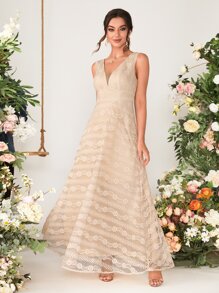 Plunging Neck Lace Bridesmaid Dress - Apricot - View 1