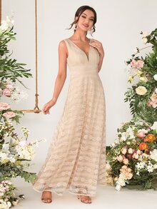 Plunging Neck Lace Bridesmaid Dress - Apricot - View 4