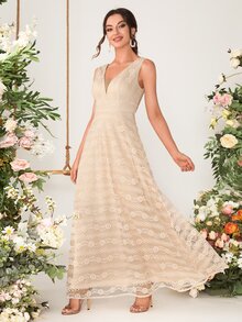 Plunging Neck Lace Bridesmaid Dress - Apricot - View 6