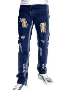 ROMWE MEN Guys Washed Ripped Jeans - Dark Wash - View 1