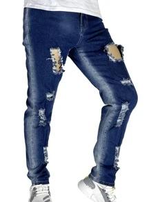 ROMWE MEN Guys Washed Ripped Jeans - Dark Wash - View 4