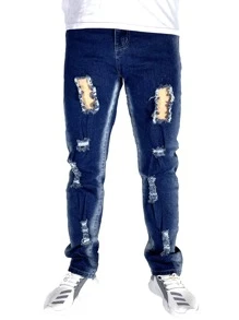 ROMWE MEN Guys Washed Ripped Jeans - Dark Wash - View 5