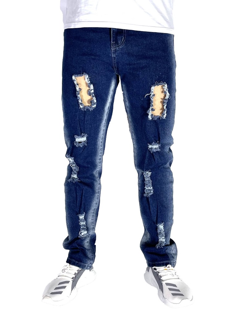 ROMWE MEN 男士水洗破洞牛仔褲 - 深色水洗藍 - 查看 5