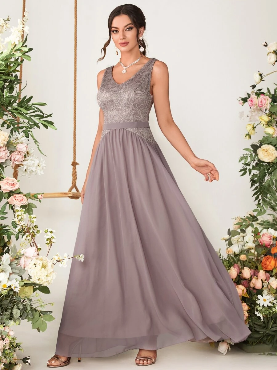 蕾絲拼接雪紡伴娘連衣裙 - 藕粉色 - 查看 1