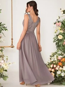 蕾絲拼接雪紡伴娘連衣裙 - 藕粉色 - 查看 2