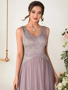 蕾絲拼接雪紡伴娘連衣裙 - 藕粉色 - 查看 4