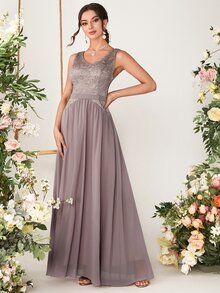 蕾絲拼接雪紡伴娘連衣裙 - 藕粉色 - 查看 5