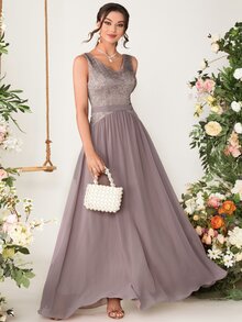 蕾絲拼接雪紡伴娘連衣裙 - 藕粉色 - 查看 6