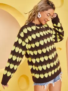 SHEIN EZwear 落肩袖滿版草莓圖案套頭毛衣 - 彩色 - 查看 3