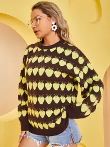 SHEIN EZwear 落肩袖滿版草莓圖案套頭毛衣 - 彩色 - 查看 4