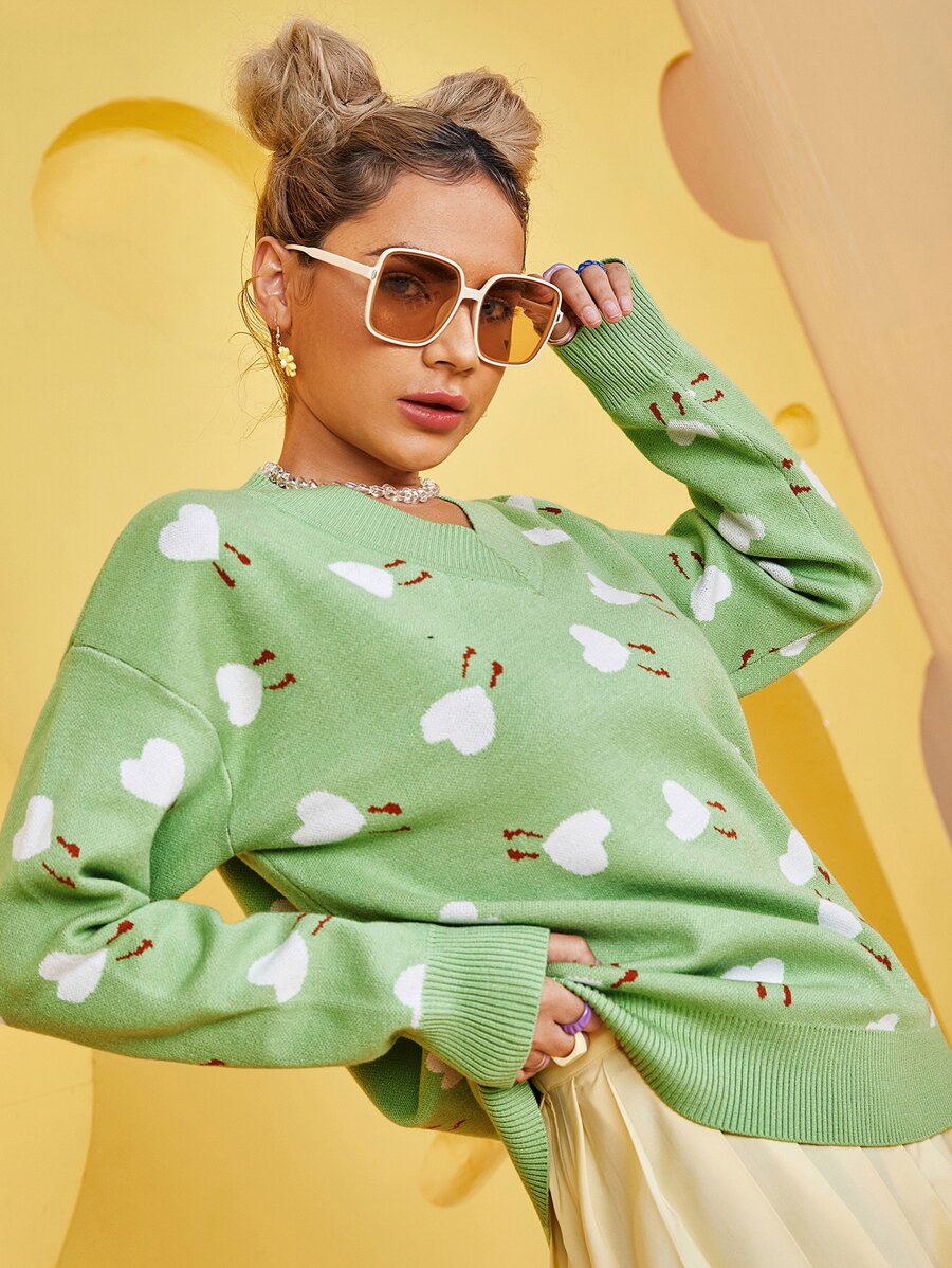 SHEIN Allover Heart Print Drop Shoulder Jumper - Green - View 1