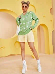 SHEIN Allover Heart Print Drop Shoulder Jumper - Green - View 4