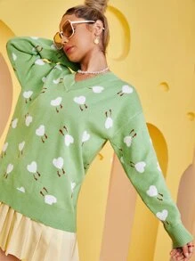 SHEIN Allover Heart Print Drop Shoulder Jumper - Green - View 5