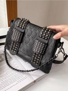 防水、輕盈、商務休閒、可折疊釘細節圖形方形包適合青少年女大學生、菜鳥和白領，非常適合辦公室、大學、工作、商務、通勤 - 黑色 - 查看 2