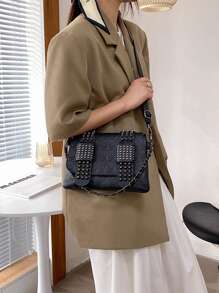 防水、輕盈、商務休閒、可折疊釘細節圖形方形包適合青少年女大學生、菜鳥和白領，非常適合辦公室、大學、工作、商務、通勤 - 黑色 - 查看 4