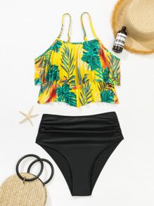 SHEIN Swim Summer Beach Tropical Print Tiered Layer Bikini - Multicolor - View 4