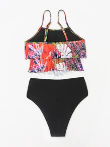 Tropical Print Tiered Layer Tankini Summer Beach - Multicolor - View 4