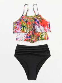 Tropical Print Tiered Layer Tankini Summer Beach - Multicolor - View 3