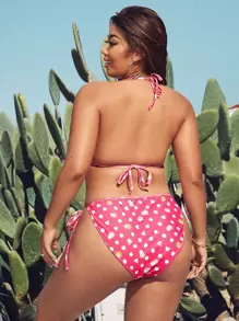 Plus Size Polka Dot Triangle Tie Side Bikini Set Summer Beach - Pink - View 2