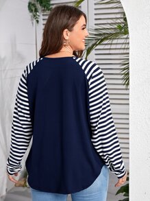 SHEIN LUNE Camiseta de rayas de manga raglán - Azul Marino - Ver 2