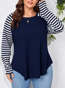 SHEIN LUNE Camiseta de rayas de manga raglán - Azul Marino - Ver 3