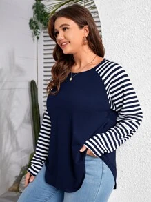 SHEIN LUNE Camiseta de rayas de manga raglán - Azul Marino - Ver 5