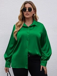 Plus Solid Bishop Sleeve Collared Button Up Shirt - Dark Green - View 3