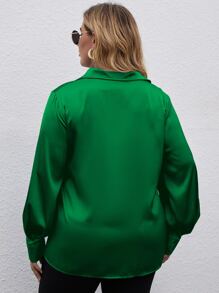 Plus Solid Bishop Sleeve Collared Button Up Shirt - Dark Green - View 2
