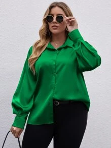 Plus Solid Bishop Sleeve Collared Button Up Shirt - Dark Green - View 1