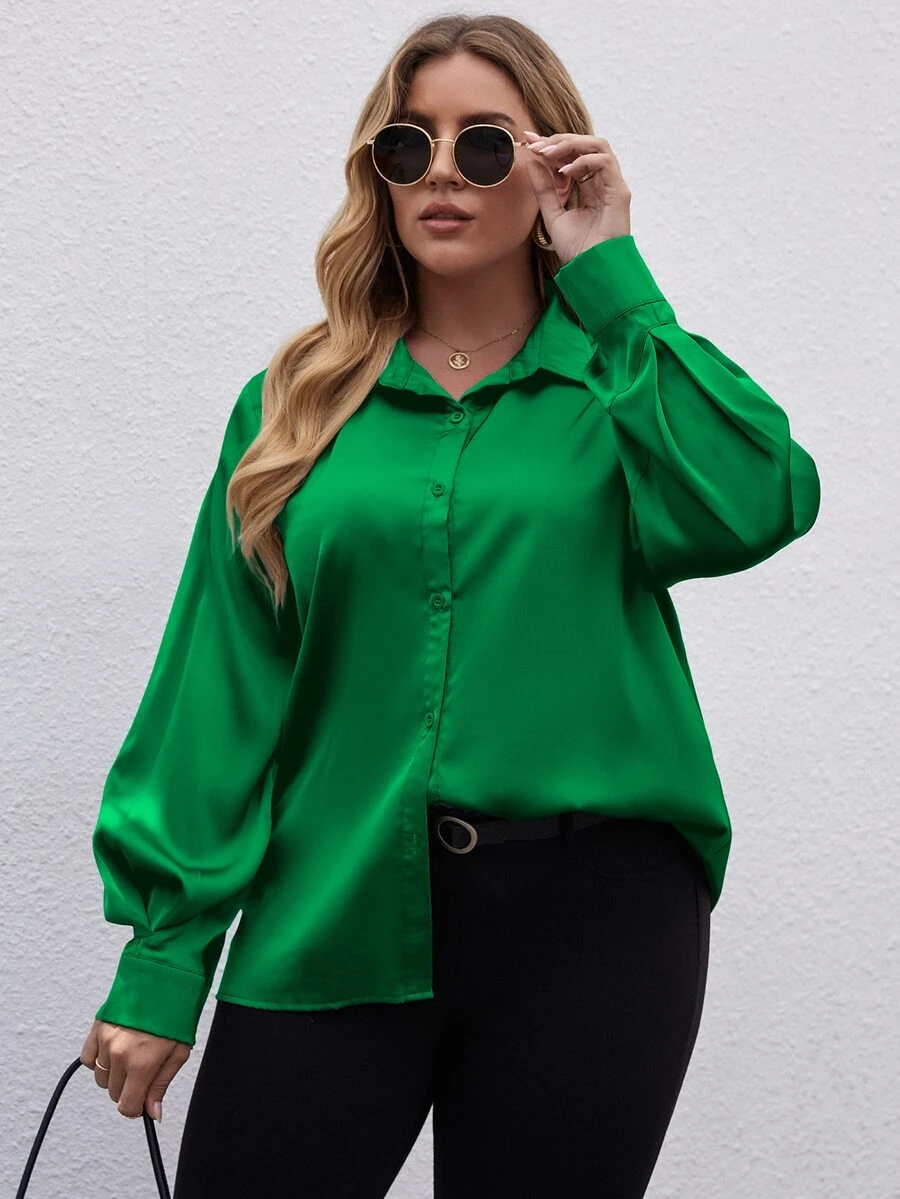 Plus Solid Bishop Sleeve Collared Button Up Shirt - Dark Green - View 1