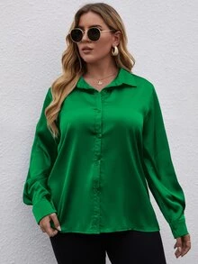 Plus Solid Bishop Sleeve Collared Button Up Shirt - Dark Green - View 4