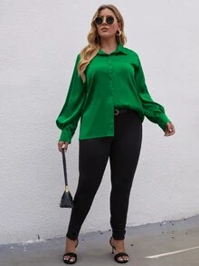 Plus Solid Bishop Sleeve Collared Button Up Shirt - Dark Green - View 5
