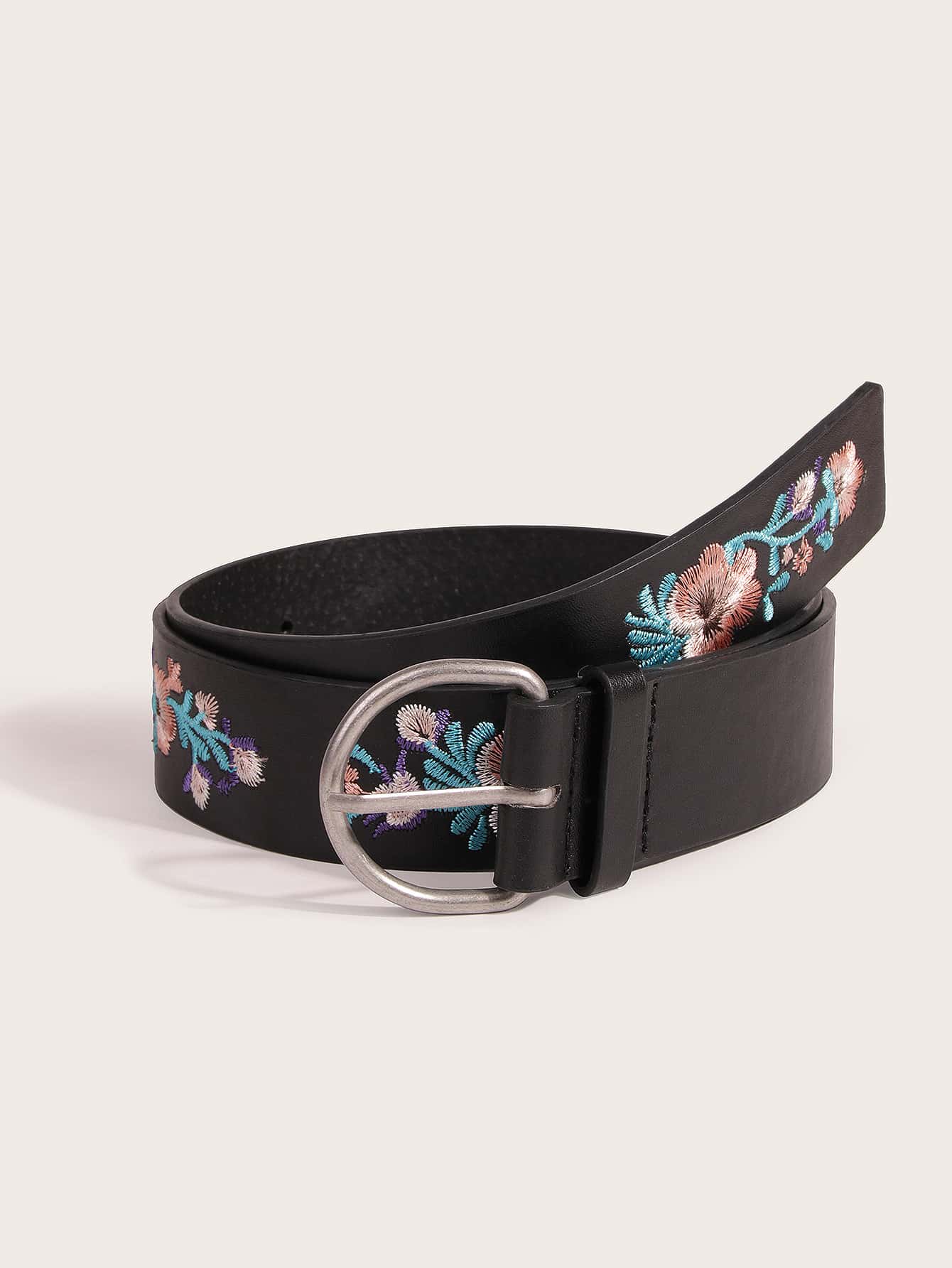 Flower Embroidered Belt - Black - View 1