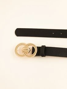 Party 1pc Women Black Litchi Embossed Double O-Ring Metal Buckle Belt For Daily Life Summer, School Fall, Autumn, Halloween